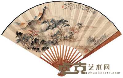 申石伽 己卯（1939年）作 松山寻瀑图并行书 成扇 
